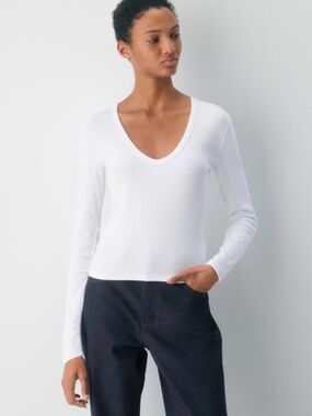 Aritzia HomeStretch White Rib V- Neck Long Sleeve Women's Top